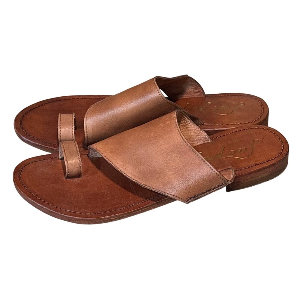 Free People Sant Antoni Toe Loop Leather Wood Stacked Heel Slide Sandals Size 37